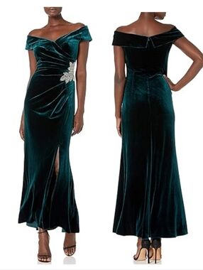 Alex Evenings Velvet Off-The-Shoulder Evening Gown Size 12 Forest Emerald